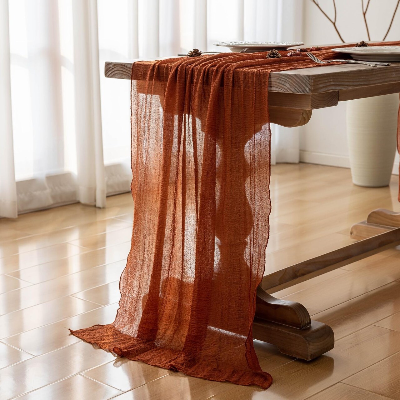 Fall Table Runner Gauze Cheesecloth 120 Inch 10 FT Rustic Burnt Orange Cheese Cloth Table Runner for Wedding Baby Bridal Shower Party Rustic Boho Sheer Centerpiece Home Decorations